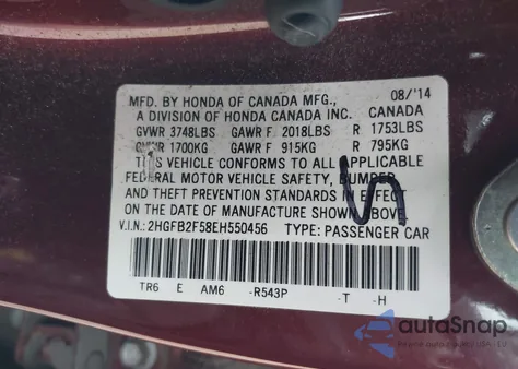 2014 Honda Civic Lx z USA, uszkodzony, nr VIN 2HGFB2F58EH550456